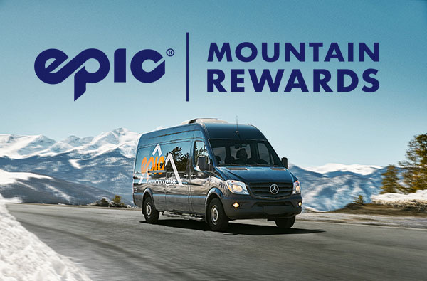 Epic Mountain Express shuttle in Breckenridge with Epic Mountain Rewards Logo