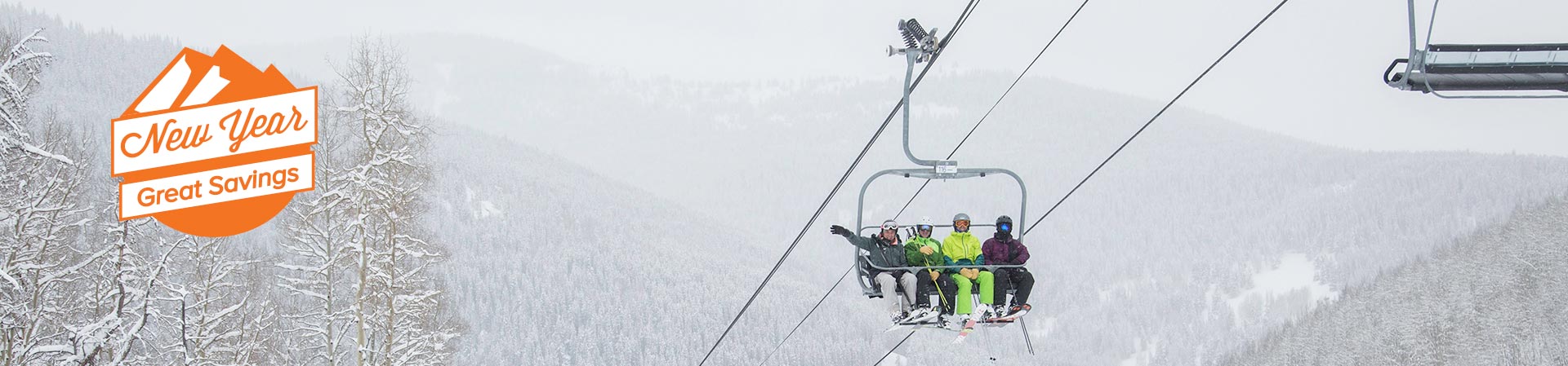 Vail Mountain chairlift with New year great savings sale bug 1920x450