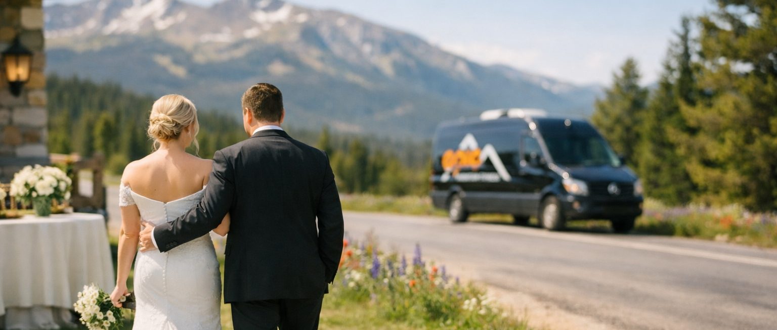 Bride and groom walking toward an Epic Mountain Express shuttle van at a Colorado mountain wedding venue